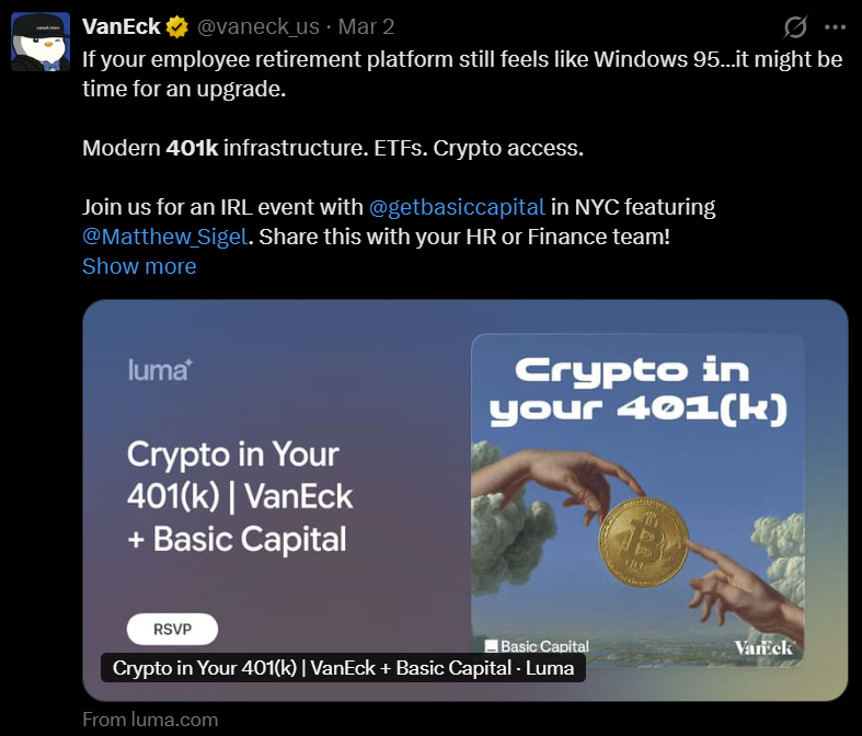 VanEck Partners with Basic Capital to Bring Crypto ETFs into 401(k) Plans-1